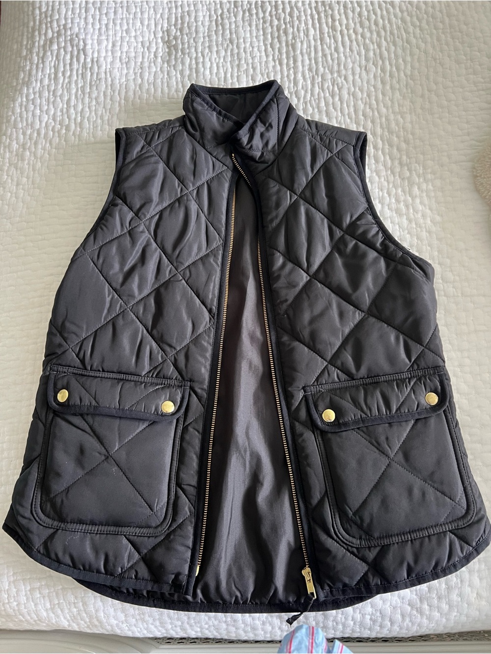 J. Crew Black Quilted Zip-Front Vest with Gold Hardware